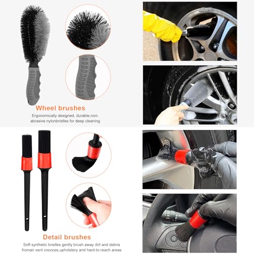 povtii 10PCS Car Wash Kit, Auto Cleaning Tool Set with Brushes, Microfiber Mitts & Towels, Vehicle Interior Exterior Detailing Supplies Kit for SUV Truck, Universal Car Accessories
