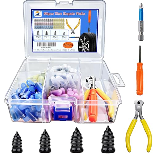 80Pcs Tire Repair Rubber Nails Kit with 4 Sizes, Vacuum Tire Repair Rubber Nail, Screw in Tire Repair Plugs, Tire Rubber Nails Tool, Quick Self-Service Tire Plugs Screw Type for Car, Motorcycle, Truck