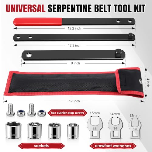 Meonum Universal Serpentine Belt Tool Kit, Includes 3/8" & 1/2" Drive Belt Adjust Tightener Wrench Set, 4 Shallow Sockets, 3 Crowfoot, Tensioner Wrench & Removal Tool Auto Repair, Maintenance (Red) - color: Red