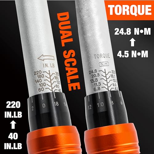 Vanquish 1/4-inch Drive Torque Wrench with 4" Extension Bar and 1/4" to 3/8" Adapter, 72-tooth, 40-220 IN.LB/4.5-24.8 Nm, ±3% High Precision, 1601AM - size: 1/4-inch Drive