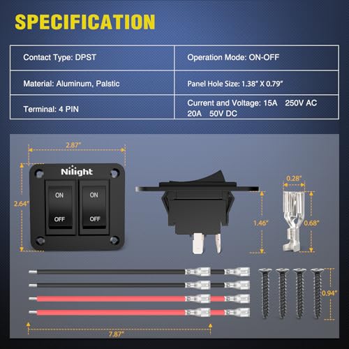 Nilight 2 Gang ON-Off Switch Panel 4 PIN DPST Toggle Switches 12V 20A Black Anodized Aluminium Shell Bracket with Screws Ternimals Jumper Wires Set for Cars Trailers Boats RV Camper - color: 2 Gang On-Off Switch