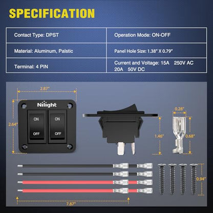 Nilight 2 Gang ON-Off Switch Panel 4 PIN DPST Toggle Switches 12V 20A Black Anodized Aluminium Shell Bracket with Screws Ternimals Jumper Wires Set for Cars Trailers Boats RV Camper - color: 2 Gang On-Off Switch