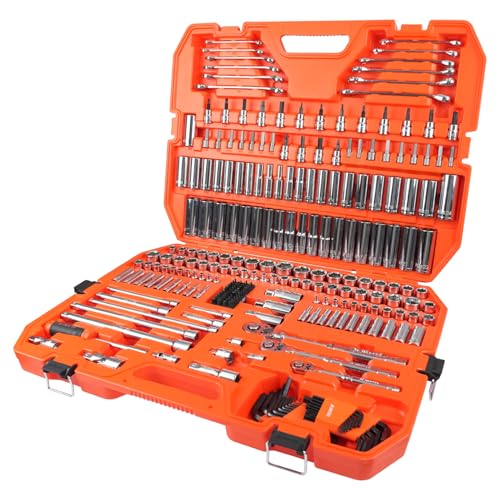 264-Piece Mechanics Tool Set, SAE & Metric Impact Socket Set, 1/2'', 1/4'', 3/8'' Drive, Deep & Shallow, CR-V Steel, with 90-Tooth Ratchet, Extension Bar, Universal Joint, with Molded Case - size: 264pcs 1/4", 3/8", 1/2"