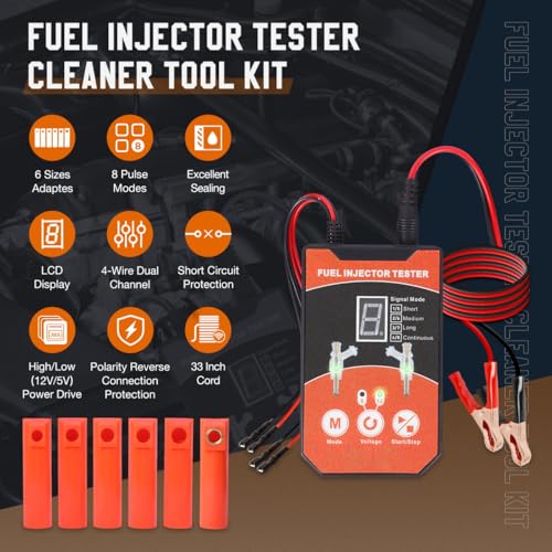 Universal Fuel Injector Tester Cleaner Tool Kit, 6 Size Cleaning Adapters 8 Pulse Modes Injector Tester 12V/5V Output Power Drive, 4 Wire Dual Channel DIY Fuel Injector Cleaner Tools