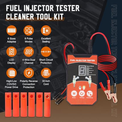 Universal Fuel Injector Tester Cleaner Tool Kit, 6 Size Cleaning Adapters 8 Pulse Modes Injector Tester 12V/5V Output Power Drive, 4 Wire Dual Channel DIY Fuel Injector Cleaner Tools