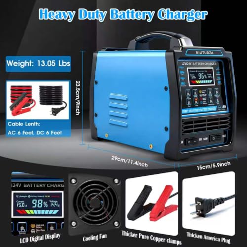 12V 24V Car Battery Charger Heavy Duty 0-15A Automatic Battery Maintainer, Smart Trickle Charger with Fast & Slow, Auto Shutoffs, Repair, Winter Mode for Car Truck Motorcycle Lawn Mower Boat