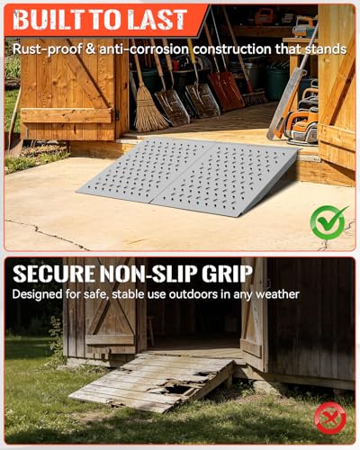 Heavy-Duty Shed Garage Access Ramps 2 PCS, 1500LBS Capacity Anti-Slip Punch Plate, Perfect for Riding Mowers, Motorcycles, Tractors, Snow Blowers & Garden Carts