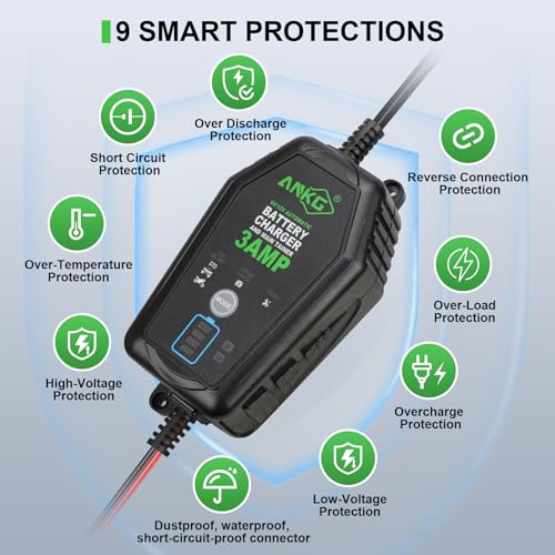 3A 6V/12V Smart Battery Charger Maintainer Fully Automatic Trickle Charger with Waterproof Desulfation for Cars, Motorcycles, Boats, LawnMowers-Compatible with Lead-Acid, LithiumLiFePO4 Batteries