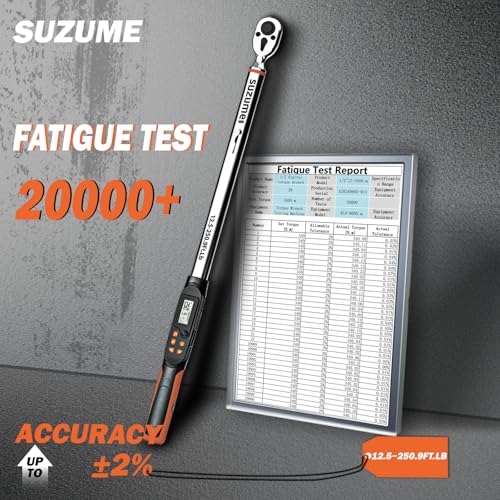 SUZUME Digital Torque Wrench 1/2 Drive (12.5-250.7 Ft. Lb/ 17-340 N.m) | ±2% Accuracy with Certify Beep and LED Alarm Peak & Track Dual-Direction Auto Truck SUV Vehicle Tire Machine - size: 12.5-250.9 Ft. Lb, style: 1/2-Inch