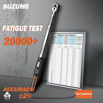 SUZUME Digital Torque Wrench 1/2 Drive (12.5-250.7 Ft. Lb/ 17-340 N.m) | ±2% Accuracy with Certify Beep and LED Alarm Peak & Track Dual-Direction Auto Truck SUV Vehicle Tire Machine - size: 12.5-250.9 Ft. Lb, style: 1/2-Inch