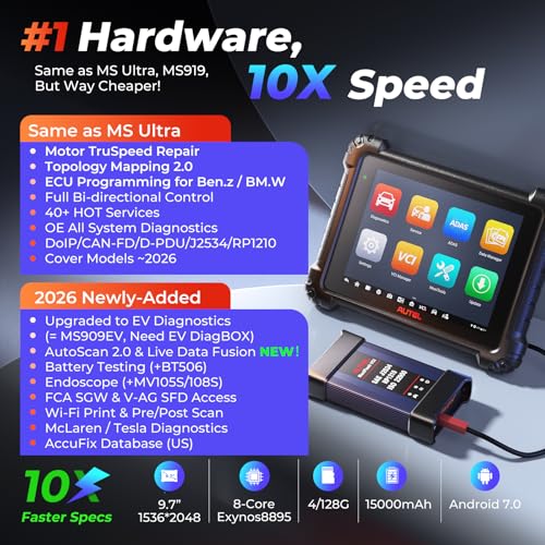 Autel MaxiSys MS909 Intelligent Scanner: 2026 MS909 Same as Ultra MS919, Up of MS908S PRO II Elite II PRO, Motor TruSpeed Repair as Ultra S2, Topology 2.0, ECU Programming, 40+ Resets, 3K+ Test