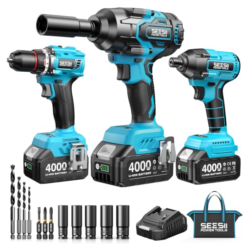 Seesii Power Tool Combo Kits,1000N.m Impact Wrench1/2, 3/8" 180N.m Impact Driver and 1/4" 50N.m Impact Drill, Brushless, 2 * 4000mAh Bartteris,Fast Charger,Impact Gun For Car Home DIY - color: Dark Blue 1000n.m + Two Batteries