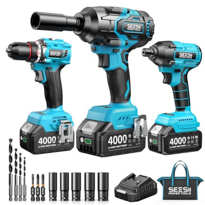 Seesii Power Tool Combo Kits,1000N.m Impact Wrench1/2, 3/8" 180N.m Impact Driver and 1/4" 50N.m Impact Drill, Brushless, 2 * 4000mAh Bartteris,Fast Charger,Impact Gun For Car Home DIY - color: Dark Blue 1000n.m + Two Batteries