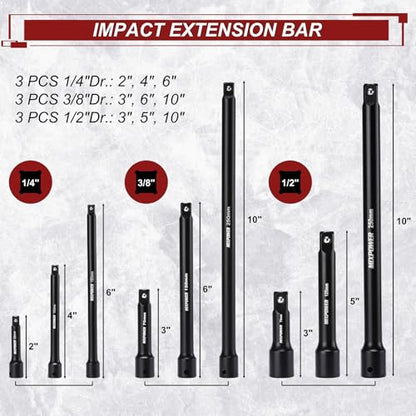 MIXPOWER 153 Pieces 1/4"&3/8"&1/2" Drive Mechanic Tool Set,Metric/SAE,6-Point,Deep and Shallow Sockets,Impact Universal Joint Swivel Sockets,Impact Socket Extension Bar - size: 1/4"&3/8"&1/2" Drive