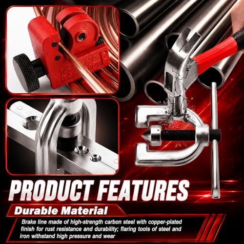 25Ft 1/4" & 3/16" Brake Line Kit,Single & Double Brake Line Flaring Tool Kit with 32 Inverted Fittings/Tube Cutter/5 Adapters,Professional Brakes Lines Repair Kits