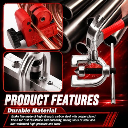 25Ft 1/4" & 3/16" Brake Line Kit,Single & Double Brake Line Flaring Tool Kit with 32 Inverted Fittings/Tube Cutter/5 Adapters,Professional Brakes Lines Repair Kits