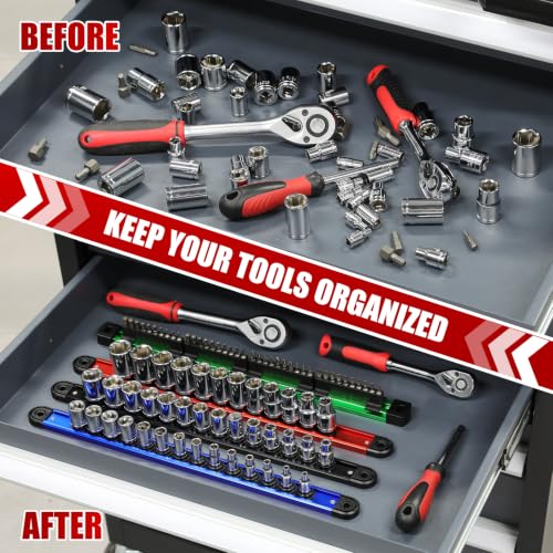 EMENTOL 4-Piece Magnetic Socket Organizer Kit, 1/4'' 3/8'' 1/2'' Drive | Heavy Duty Socket Holder & 1/4'' Drill Bit Organizer, Aluminum Alloy Storage for Tools - size: 4-Piece Set