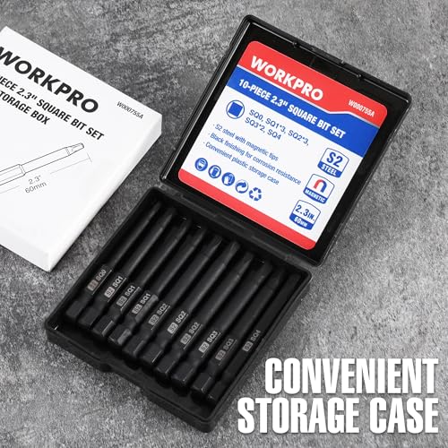 WORKPRO 10pcs Square Bit Set, CNC Machined S2 Steel Magnetic Screwdriver Bits Set, 1/4 Inch Hex Shank Driver Bits, 2.3 Inch Long Screwdriver Bits Set with Storage Box - color: Square