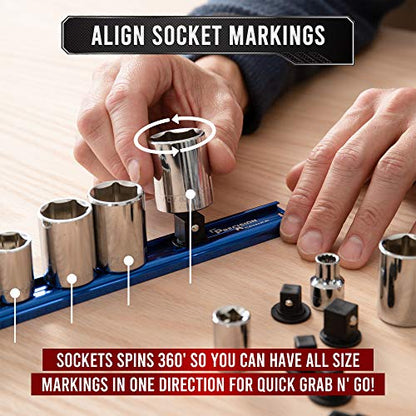 Precision Defined Aluminum Tool Socket Holder 3-Piece Set | Blue, 1/4-Inch x 16 Clips, 3/8-Inch x 16 Clips, 1/2-Inch x 14 Clips | 360 Rotation - Heavy Duty Socket Rails Organizer, Socket Storage - color: Blue