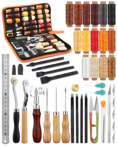 BUTUZE Leather Working Tools, Practical Leather Craft Kit with Waxed Thread Groover Awl Stitching Punch Hole for Leathercraft Beginner or Adults Gifts - size: 66 Pcs