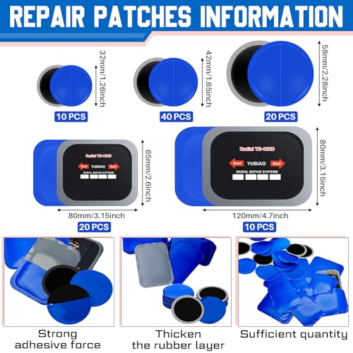 Tallew 100 Pcs Tire Patches 5 Sizes Rubber Radial Tire Repair Patch Plug Kit Heavy Duty Emergency Repair Tool for Puncture Car Truck Bus Tractor Vehicle Motorcycle 32, 42, 58, 65x80, 85x120 mm