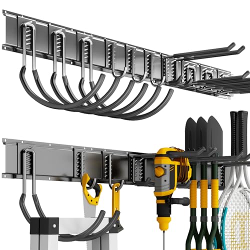 Shed Tool Organizer Wall Mount, 64inch Heavy Duty Garden Tool organizer Storage System, Easy Install With 10 Adjustable Hooks, For Garage, Basement, Shed, Workshop(Black) - size: 64inch+10Hooks