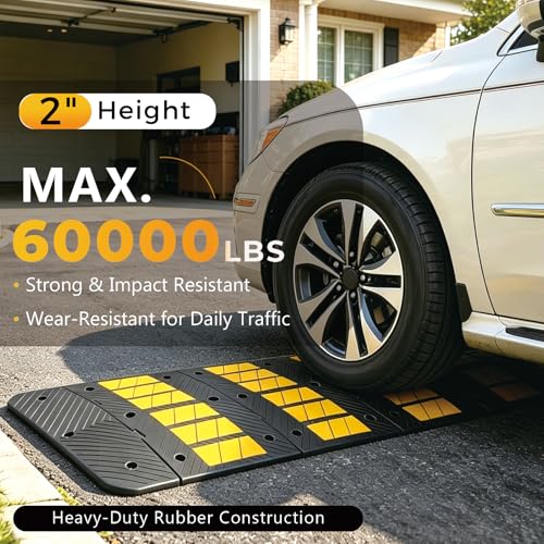 BESEA Heavy-Duty Rubber Speed Bump Ramp 35" x 20" x 2", High-Visibility Yellow Reflective Driveway Ramp & Car Ramp for Parking Lots, Driveways, Traffic Calming Speed Hump(1PACK)