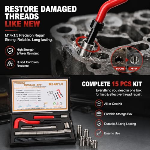 Thread Repair Kit M14x1.5 15 PCS Helicoil Insert Sleeves Stainless Steel Metric Female Thread Repairing Assortment Kit with Complete Tools for Auto and Machinery Repairing