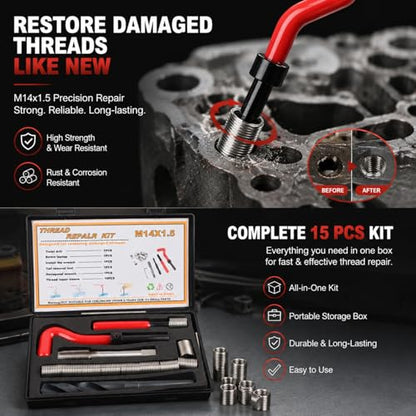 Thread Repair Kit M14x1.5 15 PCS Helicoil Insert Sleeves Stainless Steel Metric Female Thread Repairing Assortment Kit with Complete Tools for Auto and Machinery Repairing