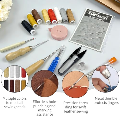 Upholstery Repair Sewing Kit - 17pcs Heavy Duty Leather Sewing Tools with 8 Colored Waxed Threads, Curved Needles, Stitching Awl, Seam Ripper for Car Seat, Sofa, Boots, Backpack, Canvas Repair