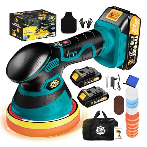 Cordless Car Buffer Polisher kit, DA Polisher with 2*21V Batteries | 2x 21V 2000mAh Batteries, 6-speed, LED Display, Random Orbital, 18 pcs Assorted Polishing Pads for Car Detailing-Blue - color: Blue