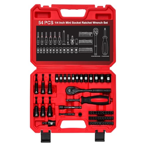 54 Piece 1/4" Mini Socket Ratchet Wrench Set, Magnetic Nut Driver Set, Metric Shallow Socket (4-14mm), 6-Point, Mini Ratcheting Wrench, Screwdriver Bit, Universal Joints and 3" Extensions