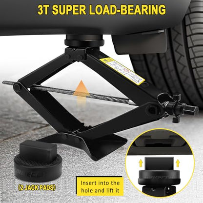 3-Ton Scissor Jack Kit for Mercedes A B C E W203/204/212/211/164 with Rubber Jack Pad, Car Spare Tire Repair Tools, Tire Changing Tools Kit for Chevrolet with L-Wrenches（17/19/21/23mm）