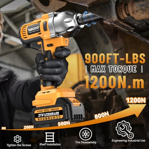 Takuoo Cordless Impact Wrench 1/2 Inch, Brushless Impact Gun 1200N.m (900ft-lbs) High Torque, 3300RPM w/ 2x 4.0Ah Battery, 6 Sockets/8 Drills/6 Screwdrivers, Power Electric Impact Wrench for Home Car