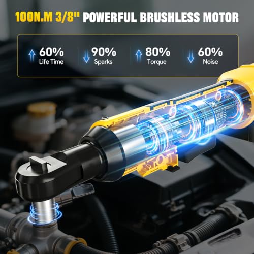 3/8" Cordless Ratchet Wrench Compatible with DEWALT 20V MAX Battery, 74Ft-Lbs (100N.m) Electric Ratchet with Brushless Motor, Variable Speed, 7 Sockets, 1/4" Adapters (Battery Not Included)