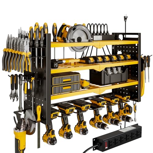 NattyDot Cordless Power Tool Organizer Wall Mount, 6 Drill Holders, Yellow | Four-tier charging rack holds six cordless drills plus a grinder; shelves keep batteries, chargers and accessories organized - color: Yellow