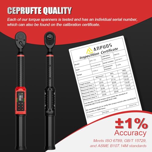 ANPUDS Digital Torque Wrench 3/8 Drive, Carbon Fiber Tube, 1.5-99.6Ft.lb/2-135Nm, ±1% Accuracy, Electric Torque Wrench Set with 3/8" to 1/2" Adapter, 125mm Extension Bar for Bike & Motorcycle - size: 1.5-99.6 ft-lb / 2-135 Nm, style: 3/8-Inch