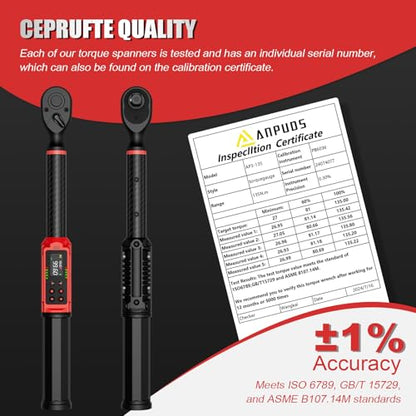 ANPUDS Digital Torque Wrench 3/8 Drive, Carbon Fiber Tube, 1.5-99.6Ft.lb/2-135Nm, ±1% Accuracy, Electric Torque Wrench Set with 3/8" to 1/2" Adapter, 125mm Extension Bar for Bike & Motorcycle - size: 1.5-99.6 ft-lb / 2-135 Nm, style: 3/8-Inch