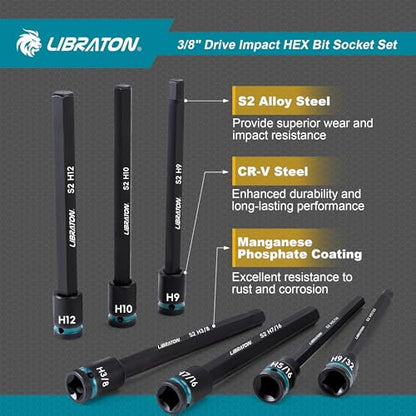 LIBRATON 3/8" Drive Long Impact Hex Bit Socket Set, Allen Bit Sockets, S2 Steel Hex Head Sockets, 20PCS Allen Wrench Socket, SAE&Metric Allen Bit Socket Set, 6" Long Allen Key Socket, Blow Molded Box