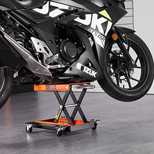 VEVOR Motorcycle Lift 1100lbs ATV Scissor Lift Jack with Dolly & Hand Crank | Garage Repair Center Hoist Crank Stand with Wide Deck and Tool Tray for Street Bikes, Cruiser Bikes, Touring Motorcycles | Garage Repair Center Hoist Crank Stand with Wide Deck