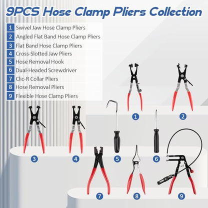 9PCS Hose Clamp Pliers Set, Hose Clamp Removal Tool for Automotive | Flexible Removing Clamps Pliers Automotive for Coolant Radiator Heater and Water Hose