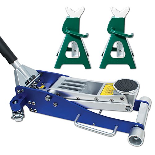 Jackco 3 Ton Low Profile Aluminum Racing Floor Jack with Bonus 3 Ton Jack Stands