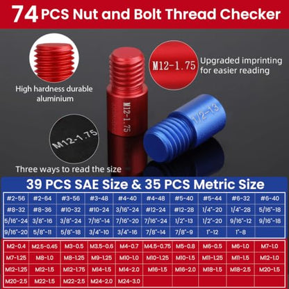 Thread Checker, 74pcs Nut and Bolt Thread Checker, 39 Inch & 35 Metric Box Set Thread Gauge, Thread Checker Standard and Metric Suitable for Size Checker of Bolts or Nuts in Narrow Areas - size: 74 Thread Checker