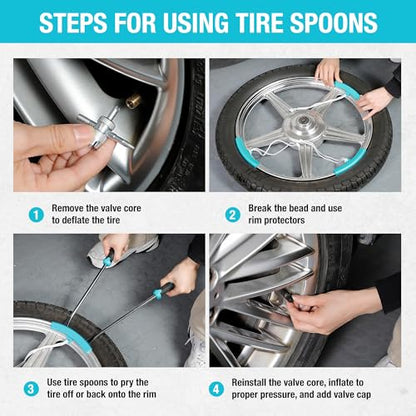 DURATECH 14.5" Steel Tire Spoons Tool Set, 24-Piece Tire Bar Removal Set with Rim Protectors, Valve Core Tools and Storage Bag, Tire Changing Iron Tool Kit for Motorcycle, Bicycle, ATV and Lawn Mower