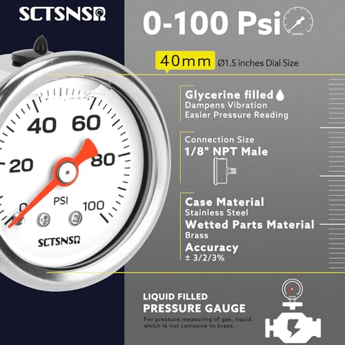 0-100 Psi Fuel Pressure Gauge, 1.5" Dial Size, 1/8" NPT Back Mount, Stainless Steel Case, Glycerin Liquid Filled, Inline Low Pressure Gauge, for Oil Water Air Pressure Test - size: 0-100 Psi, style: Back Mount