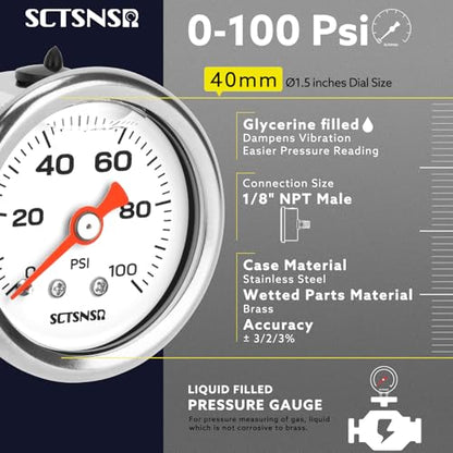 0-100 Psi Fuel Pressure Gauge, 1.5" Dial Size, 1/8" NPT Back Mount, Stainless Steel Case, Glycerin Liquid Filled, Inline Low Pressure Gauge, for Oil Water Air Pressure Test - size: 0-100 Psi, style: Back Mount