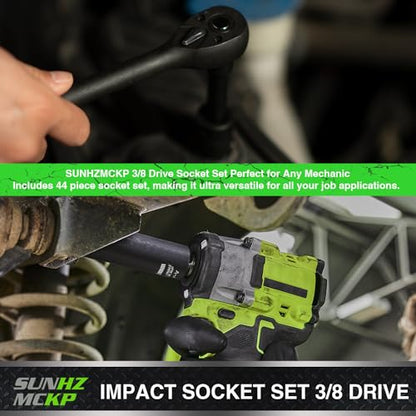 SUNHZMCKP 3/8" Drive Impact Socket Set, 52 Pcs Standard SAE (5/16-3/4 inch) and Metric (8-22mm) Shallow & Deep 6 Point Sockets, 3/8-In Ratchet Handle, Extension Bars, Adapters, Universal Joint, CR-V - size: 52-Pc 3/8" Drive Impact Socket Set