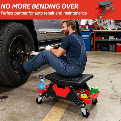 Mechanic Stool, Garage Stool, 300 LBS Capacity Heavy Duty | Rolling Mechanics Seat with Two Tool Trays and Drawer, Tools for Automotive Auto Repair