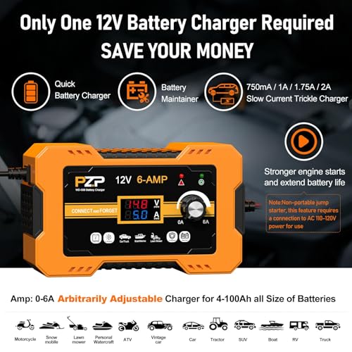 12V Automatic Car Battery Charger, 0-6A Arbitrarily Adjustable Smart Trickle Charger, Auto Desulfator with Battery Repair, Battery Maintainer with Winter Mode for AGM, Gel, Deep Cycle, Lead-Acid - color: Sun orange