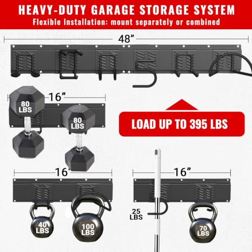 Garage Tool Organizer Wall Mount, Easy to 48inch Install Heavy-Duty Garage Storage System with 6 Adjustable Hooks, Garden Tool Rack for Shovels, Rakes, Yard Tools - size: 48" System - 6 Piece Basic Set